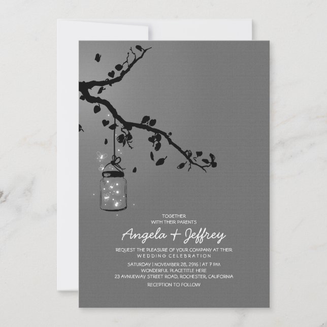 Romantic fireflies mason jar wedding invitation (Front)