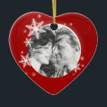 Romantic First Christmas Photo ornament<br><div class="desc">Heart shaped personalized Christmas ornament with modern design featuring winter white snowflakes on red, round photo and personalized text on the back. A beautiful keepsake for your first Christmas together! Personalize it with your photo and custom text on the back or customize it further if you wish to adjust the...</div>