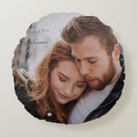 Romantic First Year Custom Photo Round Pillow<br><div class="desc">Remember your first Christmas with a holiday photo, or one from your engagement or wedding. Your favourite photo, and personalizations can be whatever name, date or event you wish to place in the 2 text boxes. Handwritten look. Replace stock photo with your own, reverses to burgundy magenta colour with your...</div>