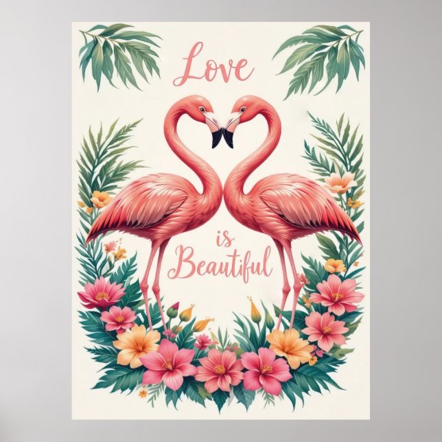 Romantic Flamingo Love Heart Illustration Poster (Front)