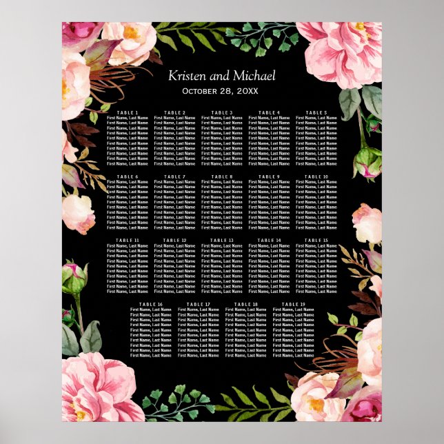 Romantic Floral 19 Tables Wedding Seating Chart (Front)