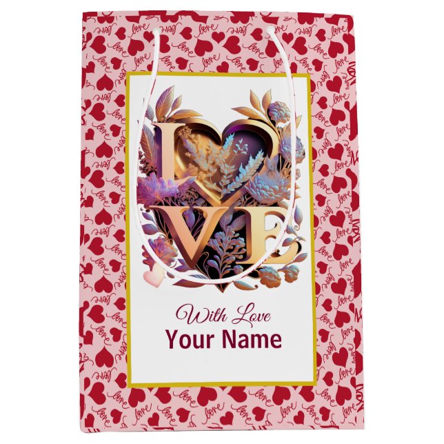 Romantic Floral and Gold Heart Medium Gift Bag (Front)