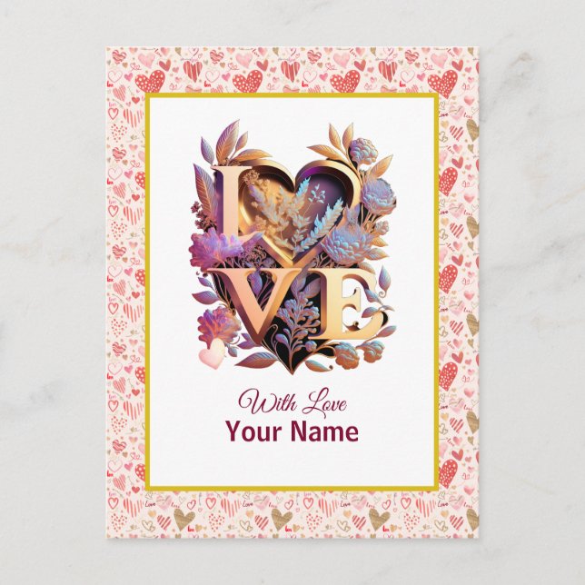 Romantic Floral and Gold Heart Postcard (Front)