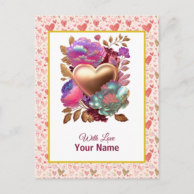 Romantic Floral and Gold Heart Postcard (Front)
