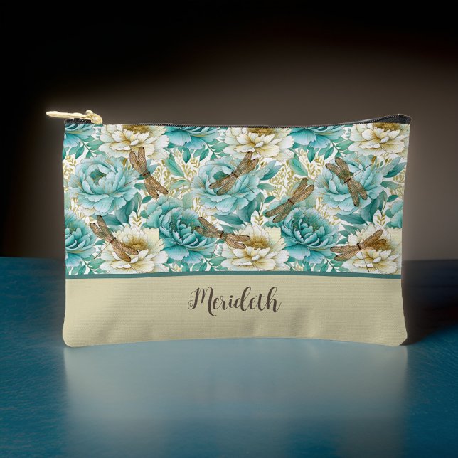 Romantic Floral Aqua Roses Dragonflies Monogram Accessory Pouch (Creator Uploaded)
