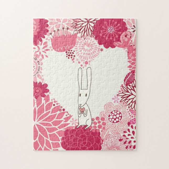 Romantic floral background with cute rabbit jigsaw puzzle (Vertical)