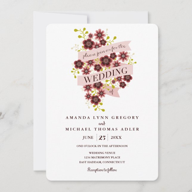 Romantic Floral Bouquet Banner Wedding Invitation (Front)