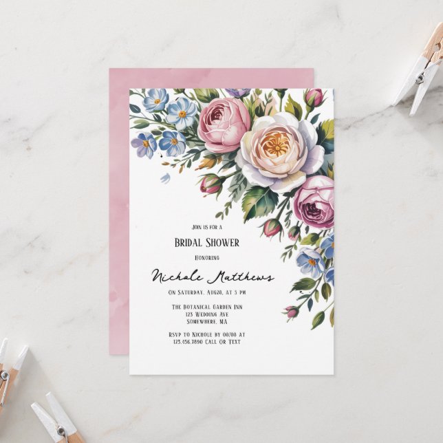 Romantic Floral Bouquet Brunch & Bubbly Invitation (Front/Back In Situ)