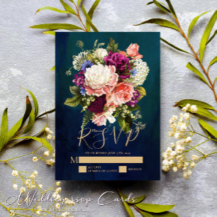 Romantic Floral Bouquet Emerald Green Gold Wedding RSVP Card