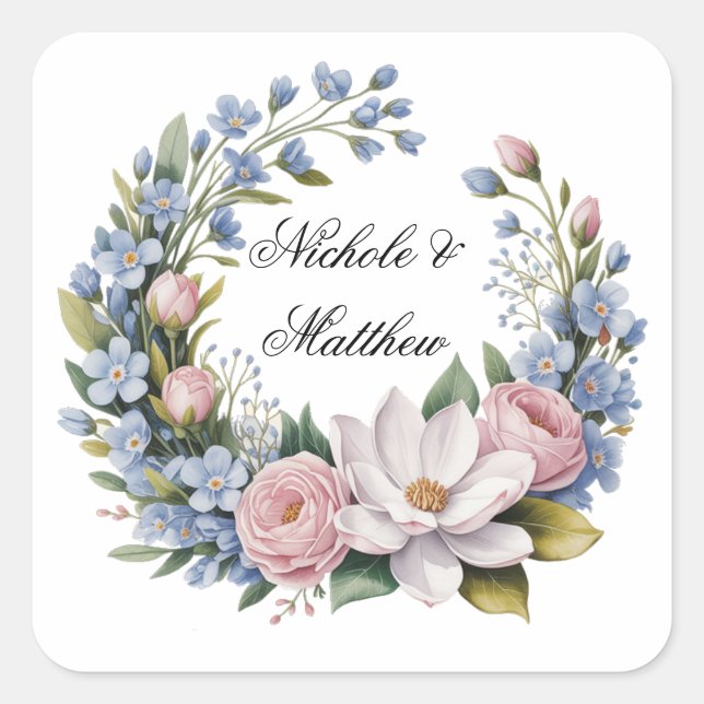 Romantic Floral Bouquet Wedding Square Sticker (Front)