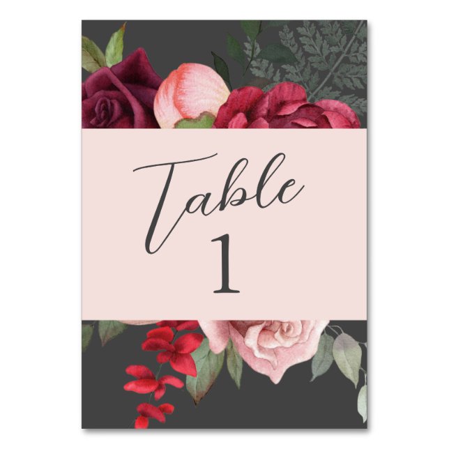 Romantic Floral Bridal Bouquet Pink & Gray4 Table Number (Front)
