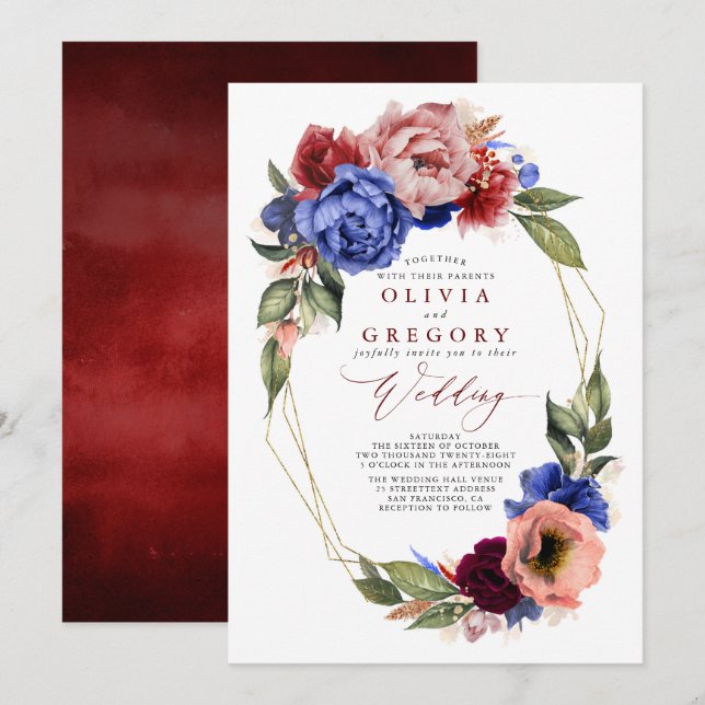 Romantic Floral Burgundy Red and Navy Blue Wedding Invitation (Front/Back)
