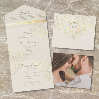 Romantic Floral Champagne Gold Wedding All In One Invitation