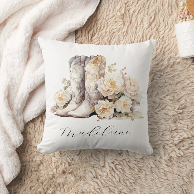 Romantic Floral Cowgirl Boots Calligraphy Name Throw Pillow (Blanket)