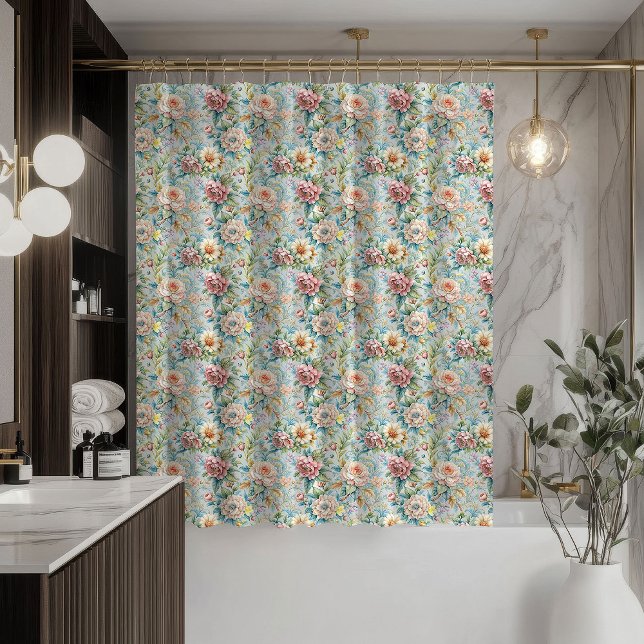 Romantic Floral Curtain Rococo Pastel Bathroom (Romantic Floral Curtain Rococo Pastel Bathroom)