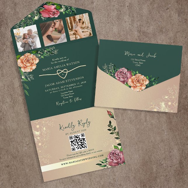 Romantic Floral Emerald Green Wedding All In One Invitation (Creator Uploaded)