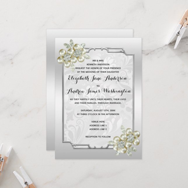 Romantic Floral Gem Silver Framed, Silver Wedding Invitation (Front/Back In Situ)