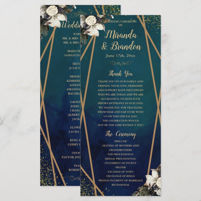 Romantic Floral Gold Wreat Wedding Program Card (Front/Back)