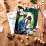 Romantic Floral Gold Wreath Photo Save the Date Announcement Postcard<br><div class="desc">Our "Romantic floral gold wreath photo save the date wedding invitation postcard" makes a special and personal statement with the photo. Your guests will be amazed at the many details such as the emerald green background on which gold accents in the form of the gold frame and the gold confetti...</div>