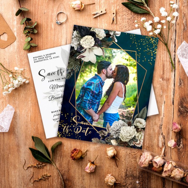 Romantic Floral Gold Wreath Photo Save the Date Announcement Postcard (Creator Uploaded)