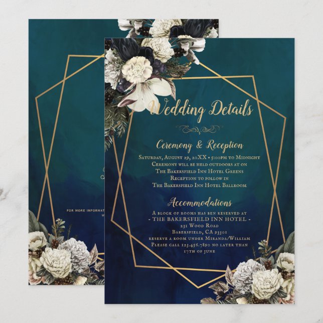 Romantic Floral Gold Wreath Wedding Details Card (Front/Back)
