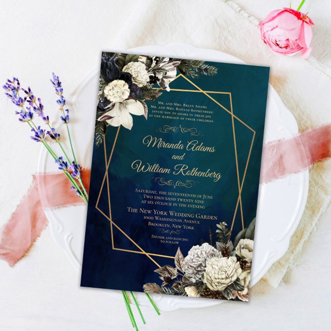 Romantic Floral Gold Wreath Wedding Invitation (Creator Uploaded)