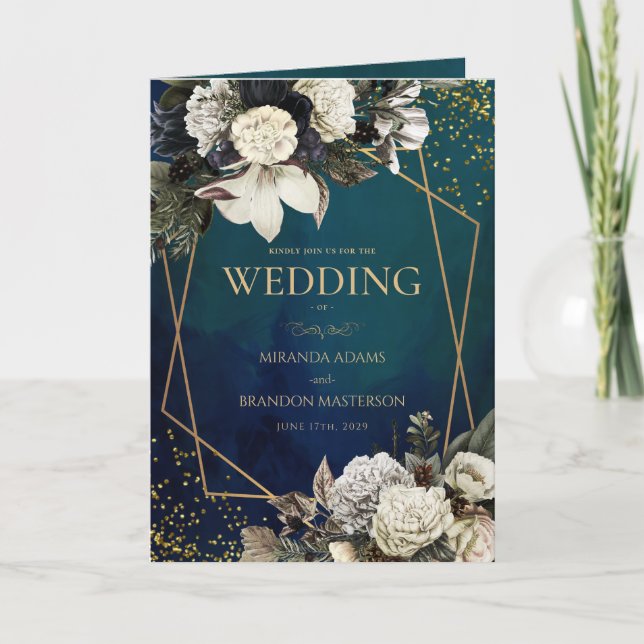 Romantic Floral Gold Wreath Wedding Invitation (Front)