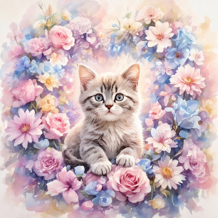 Romantic Floral Kitten Round Throw Pillow