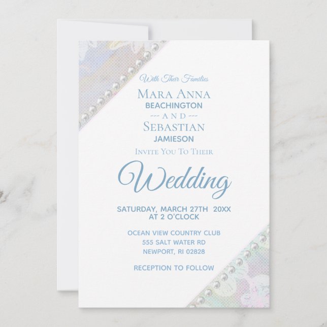 *~* Romantic Floral Lace Pearls Vintage Wedding Invitation (Front)