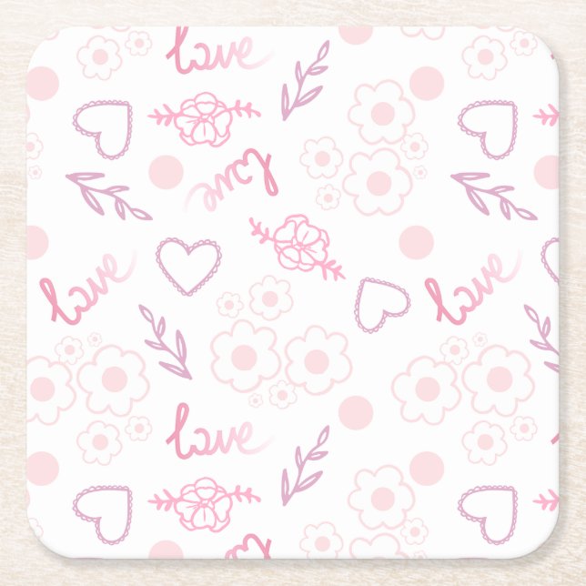 Romantic Floral Love Pattern Square Paper Coaster (Front)