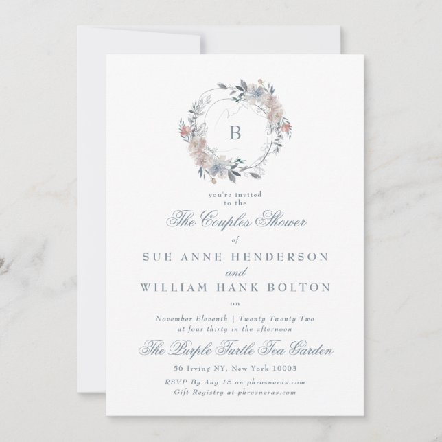 Romantic Floral Monogram Wreath Couples Shower Invitation (Front)