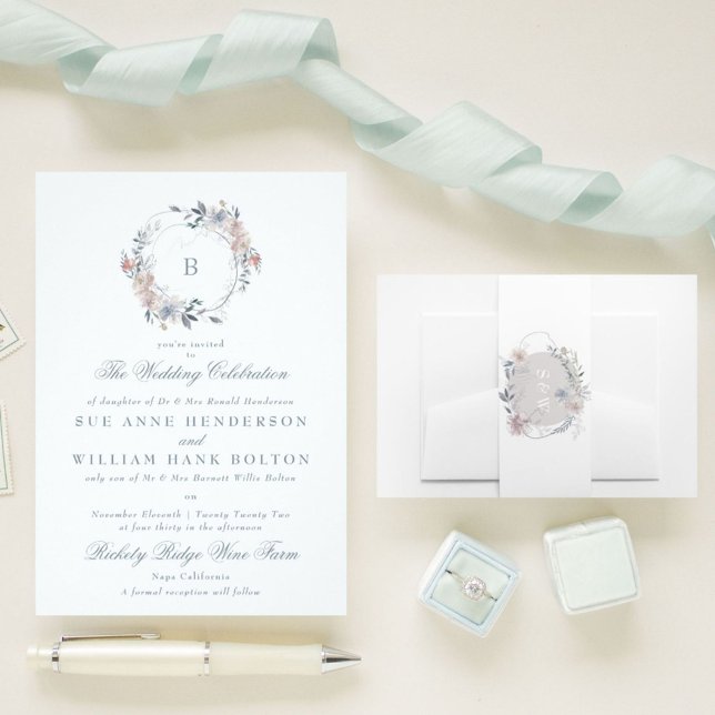 Romantic Floral Monogram Wreath Wedding Invitation (Creator Uploaded)