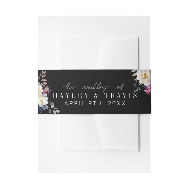 Romantic Floral Moody Dark Flowers Wedding Invitation Belly Band (Front Example)