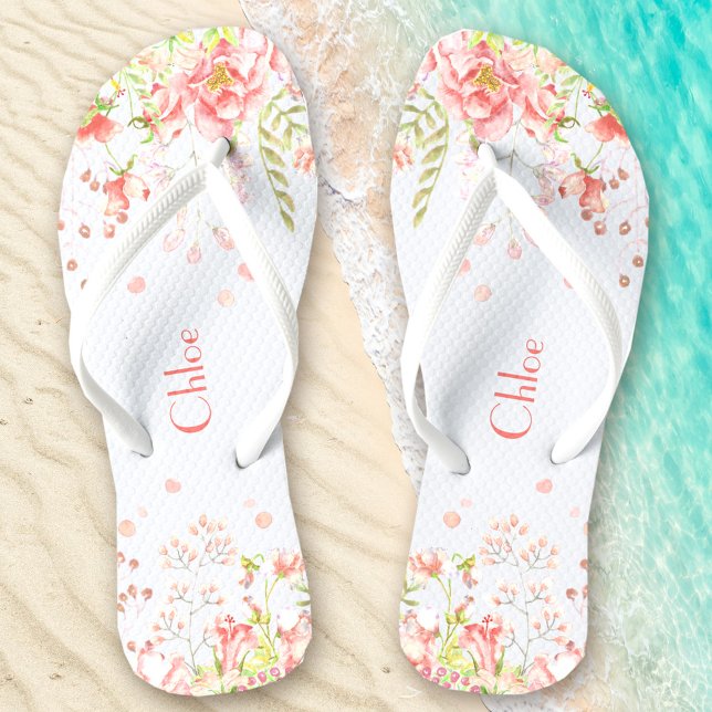 Romantic Floral Name White Pink Flip Flops (Romantic Floral Name White Pink Flip Flops)