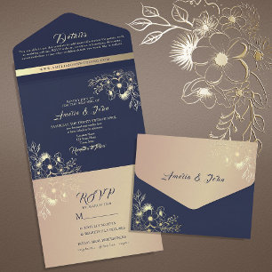 Romantic Floral Navy and Gold Wedding All In One Invitation