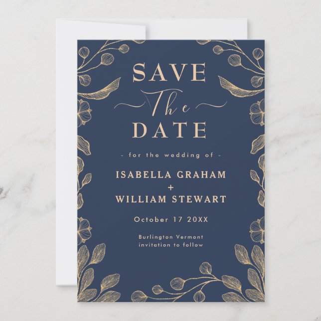 Romantic Floral Navy Blue Botanical Save The Date Invitation (Front)