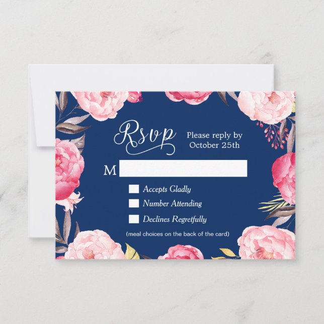 Romantic Floral Navy Blue Meal Choices RSVP Reply (Front)