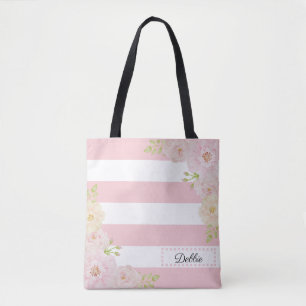 Romantic Floral Pink Stripes Tote Bags