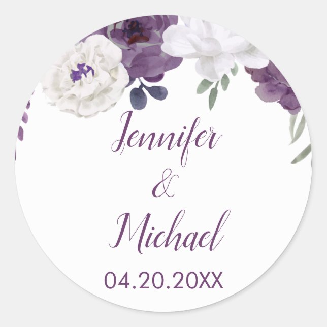 Romantic Floral Purple Silver Personalize Wedding Classic Round Sticker (Front)