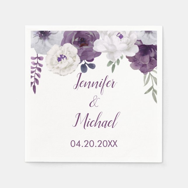 Romantic Floral Purple Silver Personalize Wedding Napkin (Front)