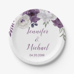 Romantic Floral Purple Silver Personalize Wedding Paper Plate