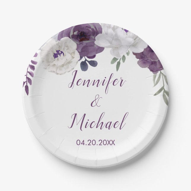 Romantic Floral Purple Silver Personalize Wedding Paper Plate (Front)
