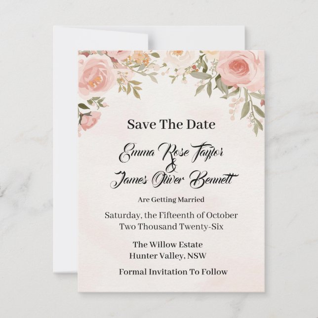 Romantic Floral Save the Date Card (Front)