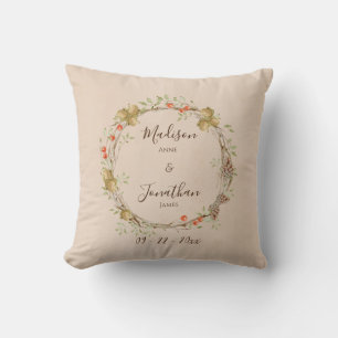 Romantic Floral Script Wreath Greenery Personalize Throw Pillow