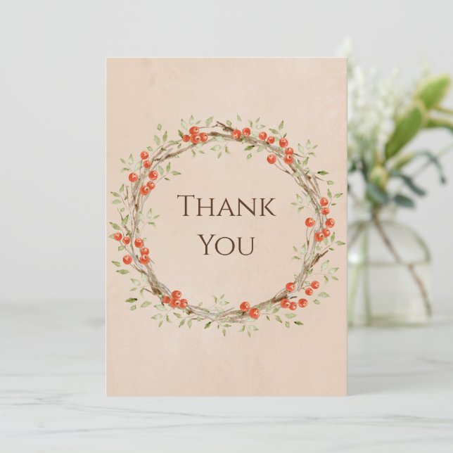 Romantic Floral Script Wreath Simple Wedding Thank You Card (Standing Front)