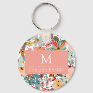 Romantic Floral soft Pink Green peach Classic Keychain