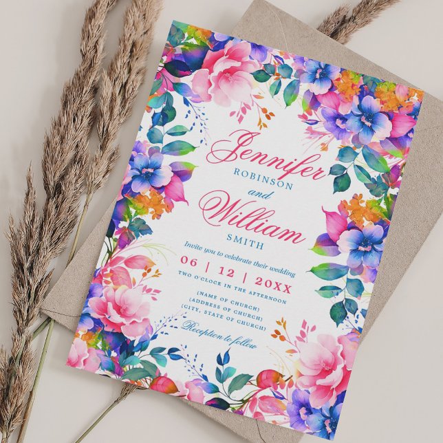 Romantic Floral Vibrant Rainbow Wedding w/ QR RSVP Invitation (Romantic Floral Vibrant Rainbow Wedding w/ QR RSVP Invitation)