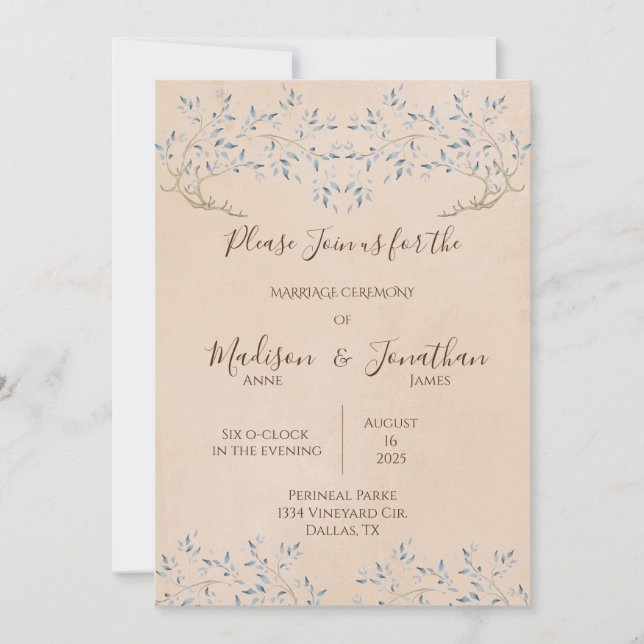 Romantic Floral Watercolor Blue  Script Wedding Invitation (Front)