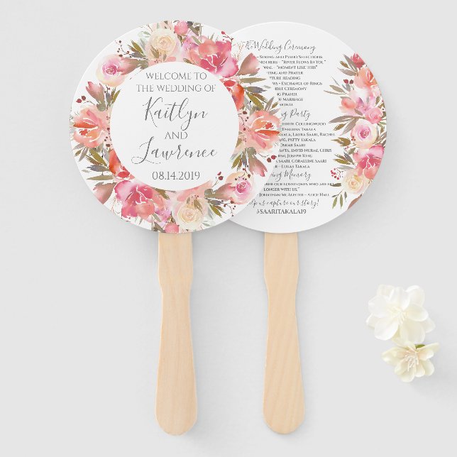 Romantic Floral Watercolor Flowers Wedding Program Hand Fan (Front and Back)