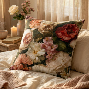 Romantic Floral Watercolor Peony Rose Pattern Throw Pillow